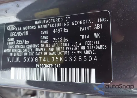 2019 Kia Optima Lx из США, поврежденный, VIN 5XXGT4L35KG328504